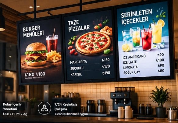 Restoran içinde dijital menü board ekranları