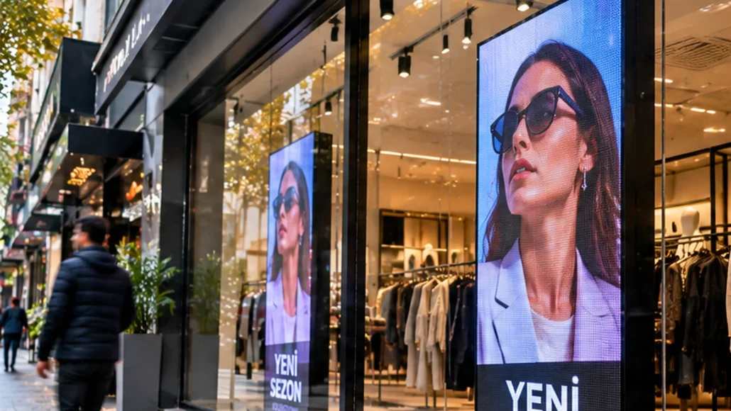 Cam arkasında LED reklam ekranının gündüz mağaza vitrininden görünümü