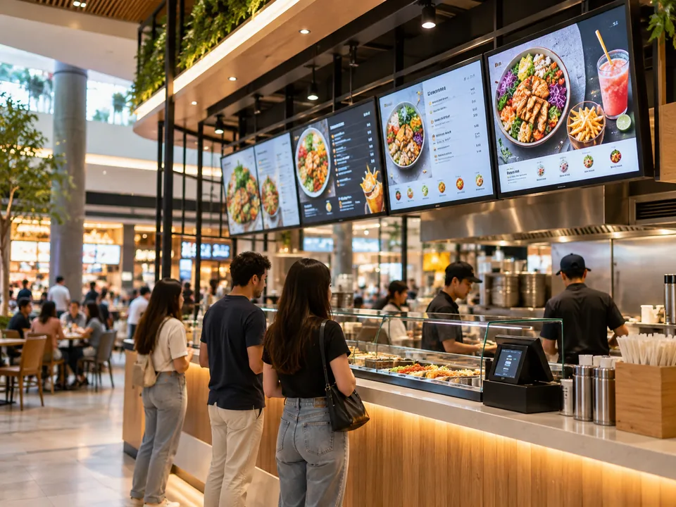 AVM food court yemek alanında menü ve yemek görselleri gösteren dijital ekranlar