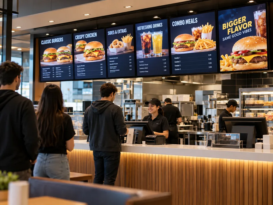 Fast food restoranında burger ve menü seçeneklerini gösteren çoklu dijital menü board ekranları