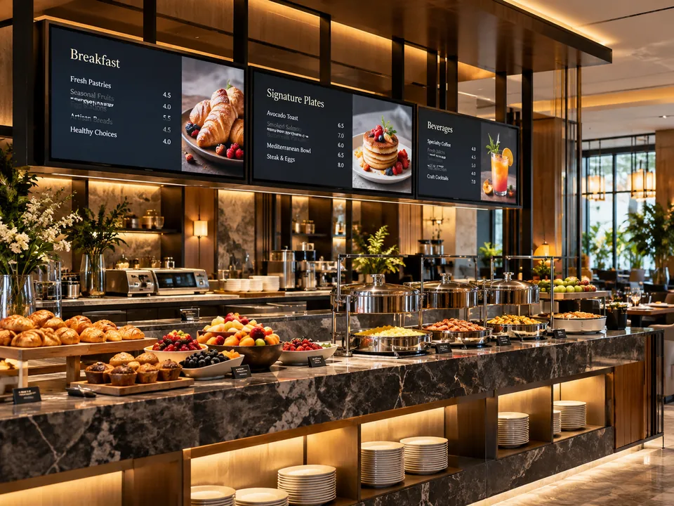 Otel kahvaltı büfesinde kahvaltı seçeneklerini gösteren dijital menü ekranları