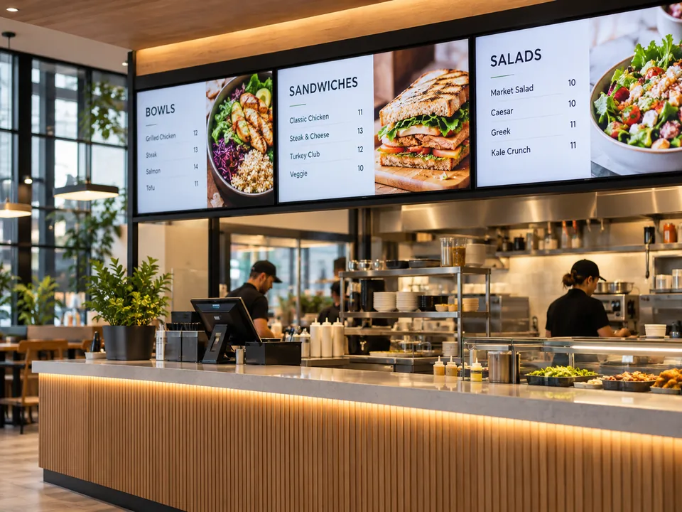 Restoran servis alanında yemek menülerini gösteren yatay dijital menü board ekranları